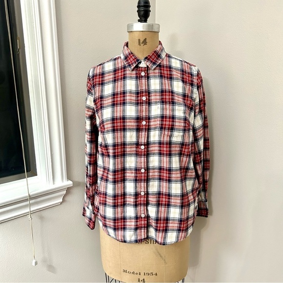 J. Crew Tops - J Crew Women’s Red White Blue 100% Flannel Plaid Button Down Shirt Size M